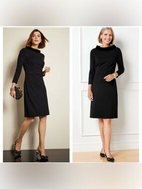 Talbots Velvet Trim Ponte Knit Dress 3/4 Sleeves in Black Size 10 Petite NWT